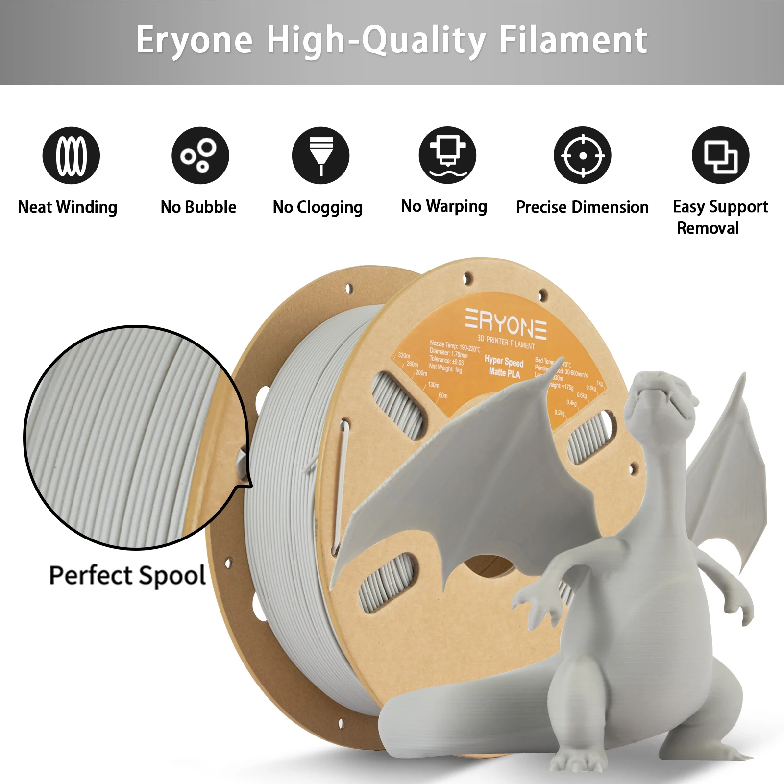 Eryone Promotion Hyper Speed Matte PLA Filament High Quality 1KG 1.75mm ±0.03mm Perfect Spool Filament For 3D Printer New Arriva