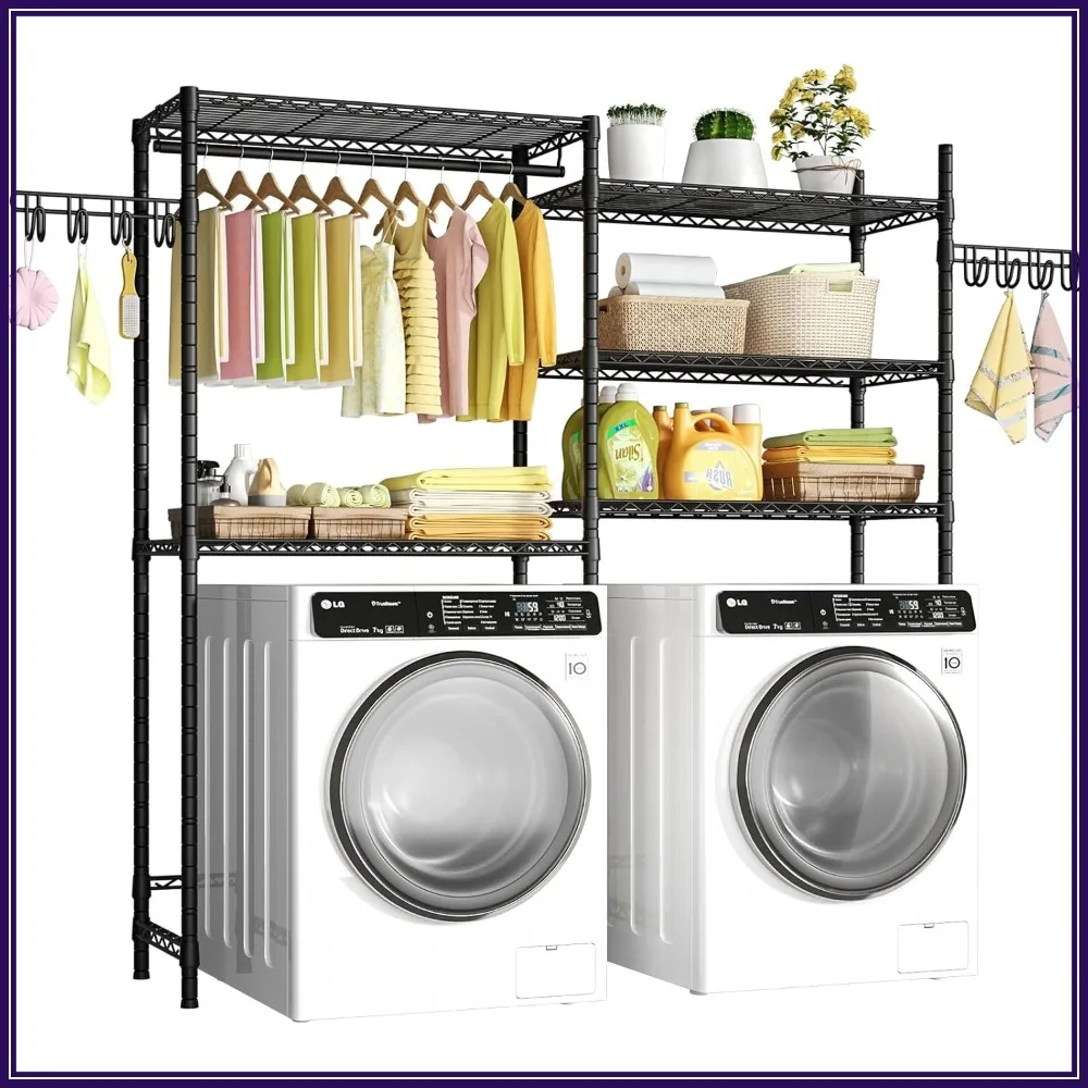 65.3" W x 13.4" D x 77.5" H Clothes Drying Rack, 5-Tier Over Washer Dryer Laundry Storage, Heavy-Duty Space Saver Black