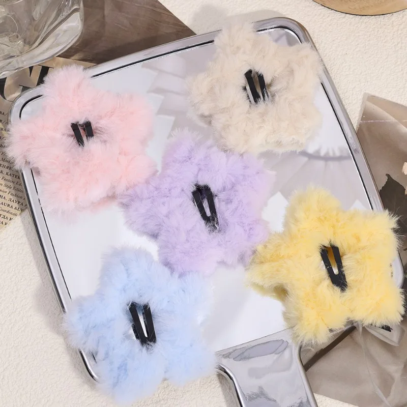 2/1Pcs Y2K Plush Star Hair Clips Hairpins Sweet Cute BB Barrettes Girl Women Kid Candy Color Side Bangs Snap Hairclips Headwear