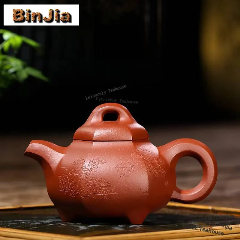 

135ml Yixing Purple Clay Teapots Handmade Hexagonal Stone Scoop Pot Raw Ore Dicaoqing Mud Kettle With Infuser Zisha Tea Set Tea
