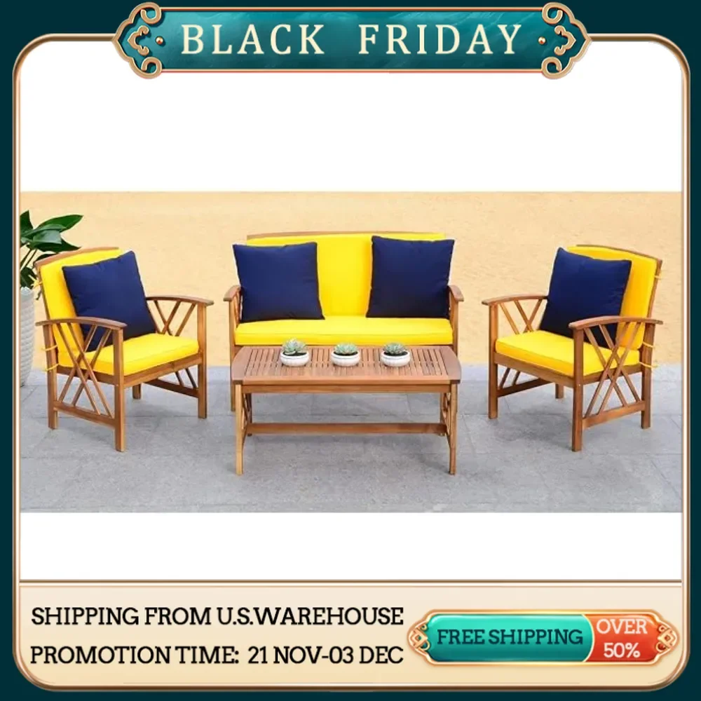 Outdoor Collection Fontana Natural/ Yellow Cushions/ Navy Pillows 4-Piece Conversation Patio Set