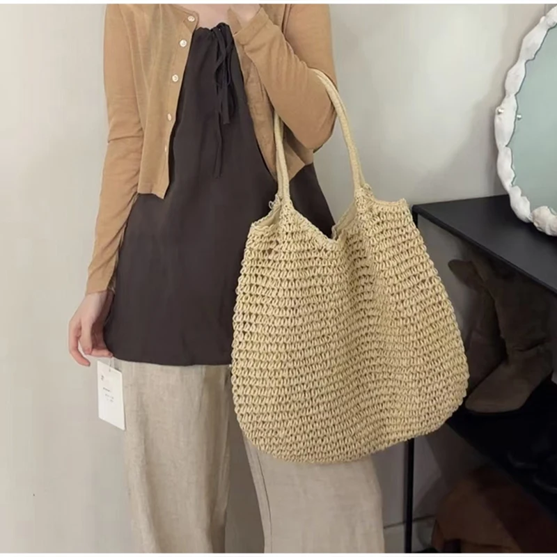 Vintage Einfarbige Gewebte Schultertasche, Minimalistische Casual Pendler-Handtasche für Frauen, Sommer Strand Handgefertigte Leichte Tasche – Detail 4