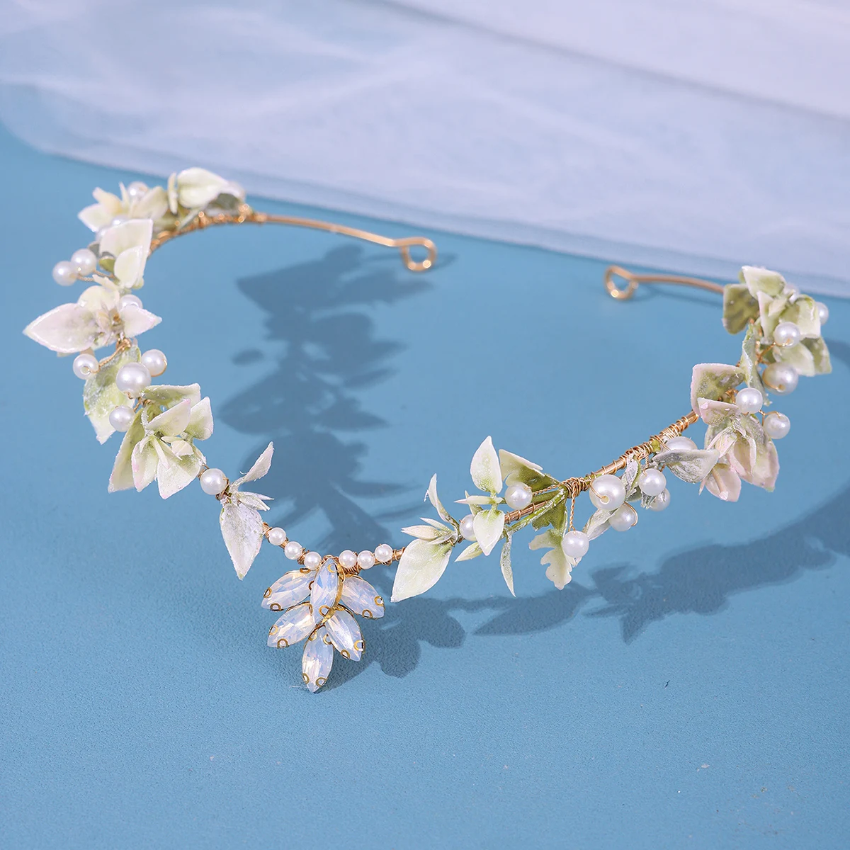 Elegant Green Leaf Pearl Rhinestone Bridal Headband, Boho Floral Wedding Hair Crown for Bride Bridesmaid Prom Garden Party image 4