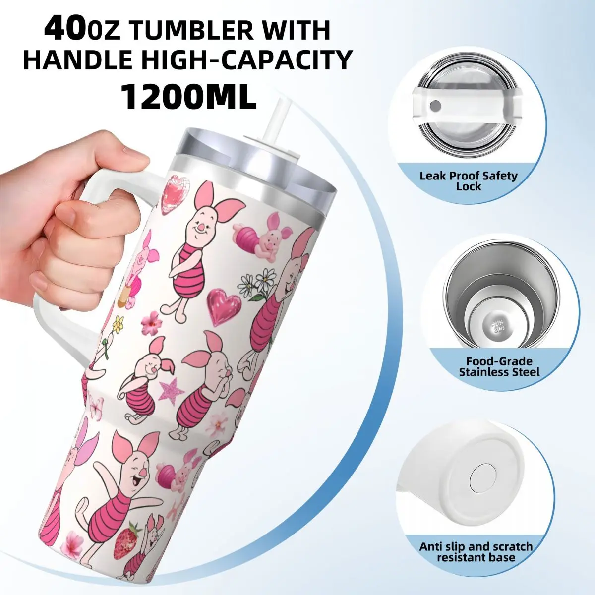 Stainless Steel Tumbler Relax Winnie The Pooh Piglet Car Mugs With Straws Travel Water Bottle Heat Preservation Large Coffee Mug