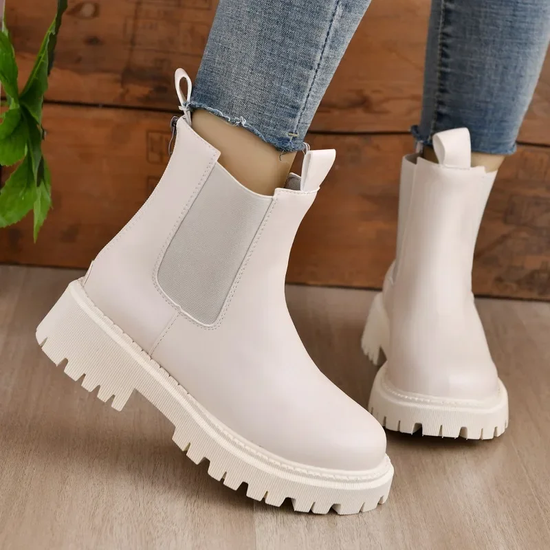 

2024 Hot Sale Shoes for Women Slip on Women's Boots Autumn Round Toe Solid Short Barrel Mid Heel Water Proof Fashion Boots