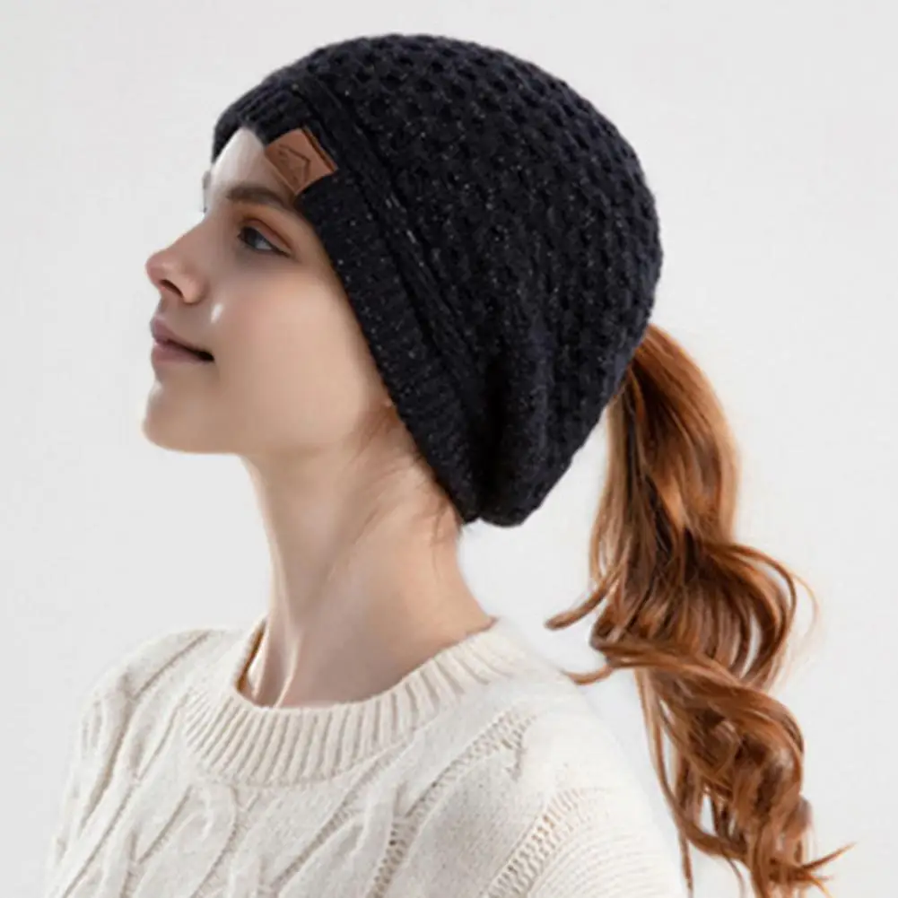 Winter Beanie Elastic Winter Hat Cozy Knitted Women's Ponytail Beanie for Outdoor Activities Warm Ear Hat for Camping