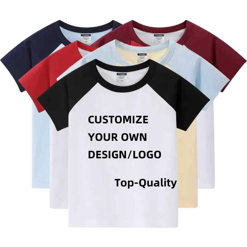 Summer Kids' Raglan Sleeve O-Neck T-Shirt for Boys Girls Short-Sleeve Cotton Tops Unisex Design Patchwork DIY Custom LOGO Image