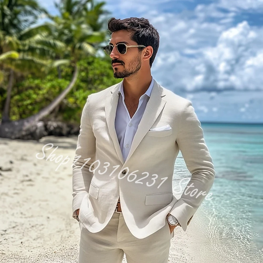 

Men's Linen Suits Summer Wedding Casual Beige Daily Lightweight Suits Slim Fit 2 Piece Single Breasted Costume Homme Mariage