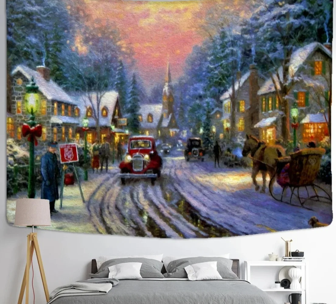 

Рождественская картина маслом, гобелен, настенный психоделический колдовской арт, снежная сцена, фон, ткань, домашний декор