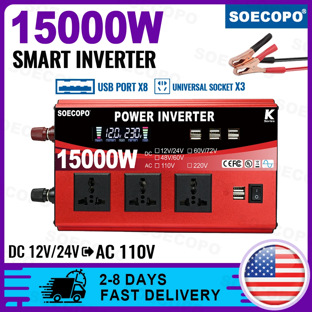 

(U.S Stock 2-8 Days)SOECOPO 15000W Smart Solar Inverter 8 USB Ports 3 Universal Sockets Dual 12V 24V to 110V Camping Home RV