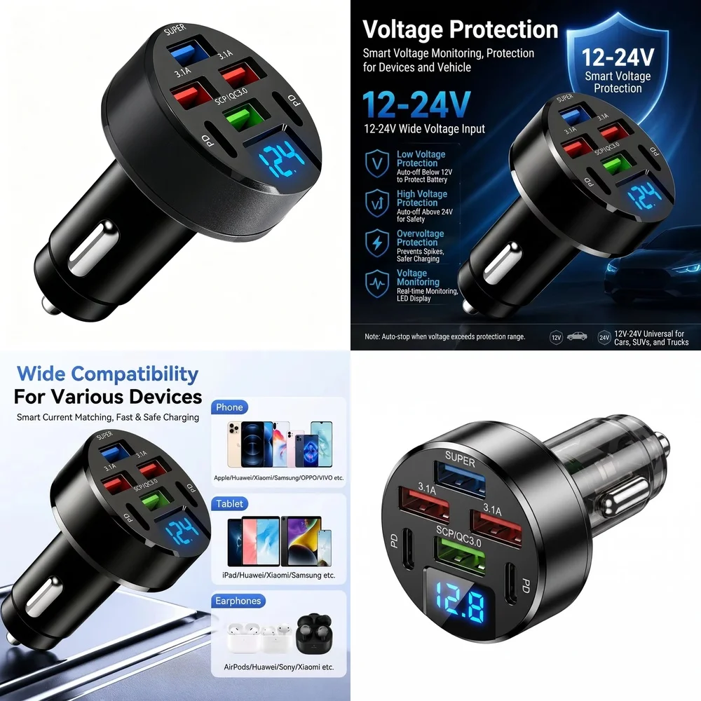 Chargeur de voiture multi-ports 100W 6 en 1 avec affichage numérique LED de la tension, charge rapide USB QC3.0 PD SCP pour iPhone Samsung Tablette