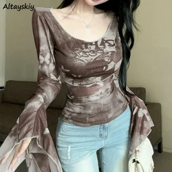 American Style Y2k T-shirts Women Tie Dye Flare Sleeve Sun-proof Chiffon Skin-friendly Printed Fashion Trendy Retro All-match