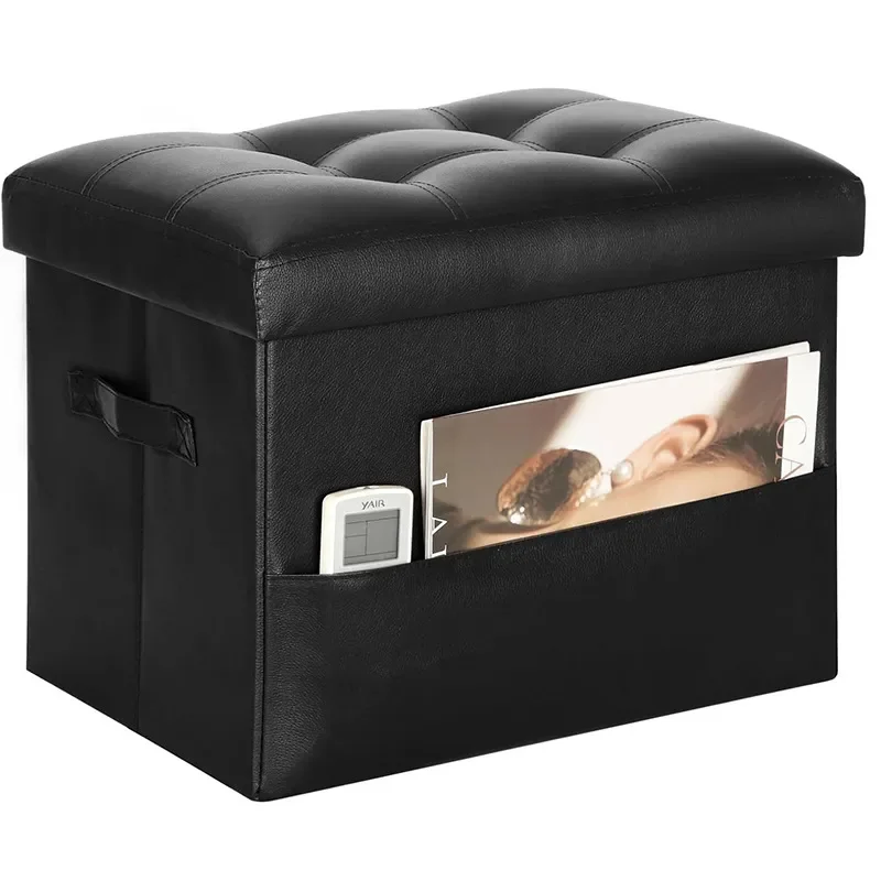 Foldable Leather Storage Ottoman Thickened Foam Upholstered Seat Bench Stool with Carry Handle for Living Room Bedroom