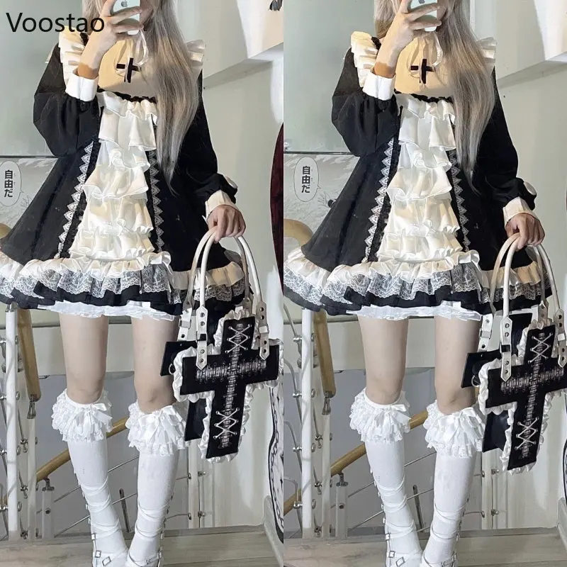 Robe victorienne gothique Lolita OP pour femmes, broderie croisée douce, nœud à volants, robes de princesse pour filles japonaises, robe de soirée Harajuku