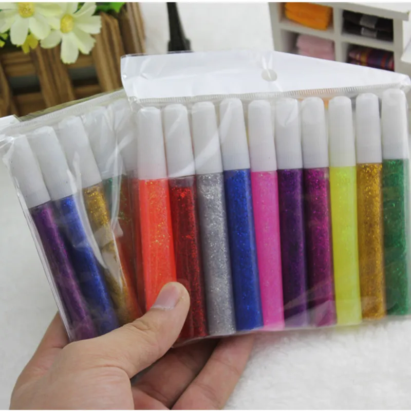 Colored Glitter Powder Adhesive Child Art Make Paper Crafts Painting Fill Pigment Super Glue Sticks Pen Girl Nail Gel Party Gift