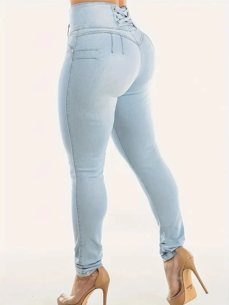 هوتشو الأزرق الدانتيل يصل مثير المرأة نحيل الجينز Y2k Harajuku غسلها عالية الخصر النمط الأمريكي سراويل جينز ضئيلة عادية كل مباراة