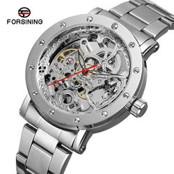 Forsining Top Brand Full Stainless Steel Luxury Golden Hollow Out Transparent Man Big Dial Automatic Mechanical Wrist Watches