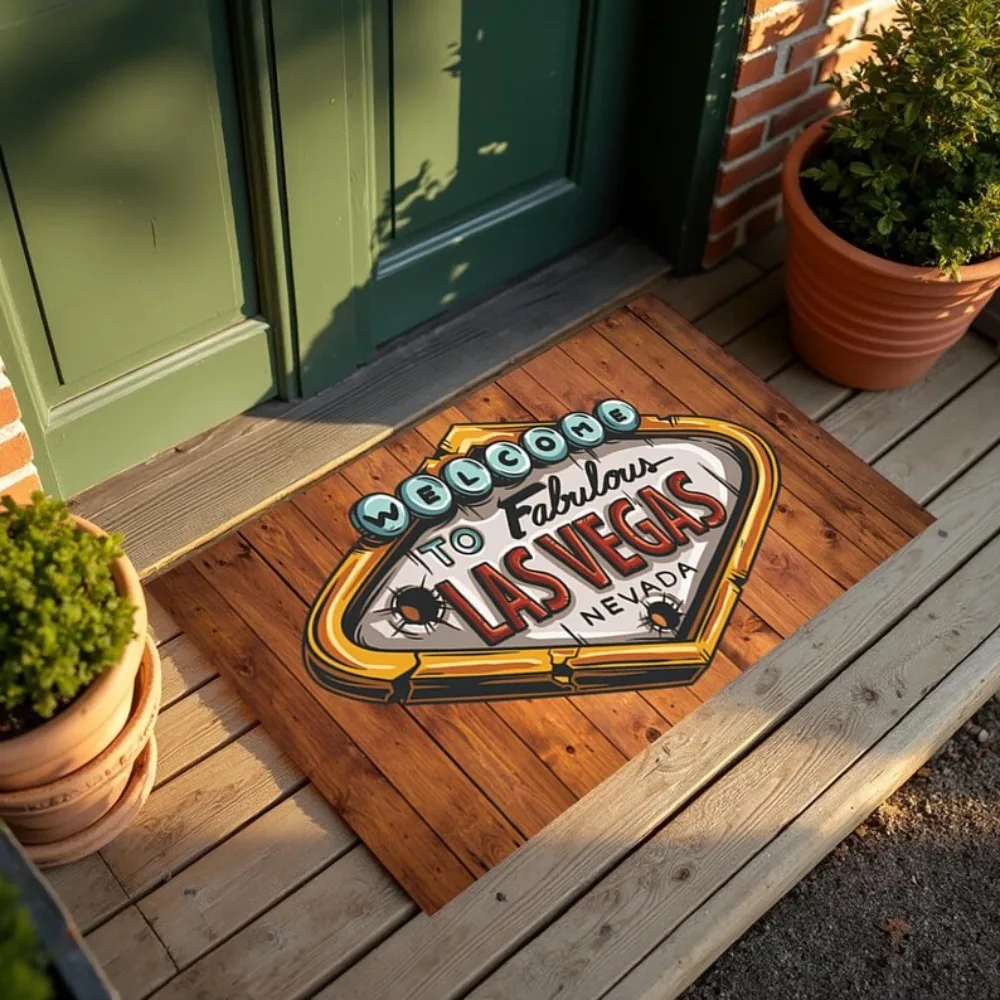 Alfombra de bienvenida para puerta, letrero de neón de Las Vegas, textura de madera, decoración del hogar para entrada, Patio, alfombra de bienvenida, alfombra para el suelo del hogar