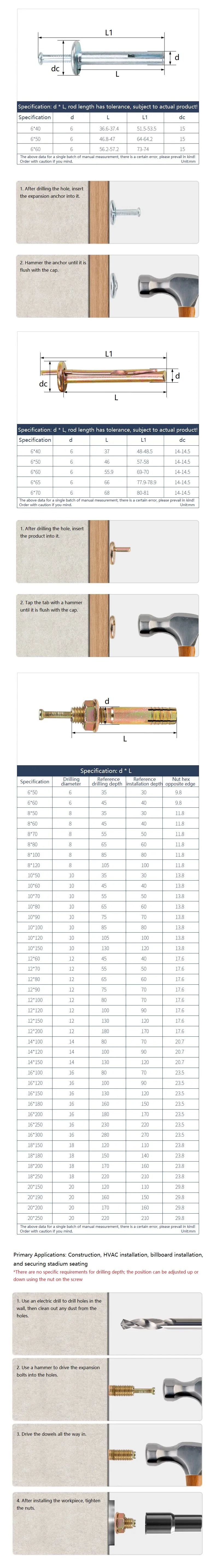 M6-M20 Zinc Plated Carbon Steel Hammer Drive Rivet Percussion Expansion Nail Screws Concrete Walls Furniture Hardware Fastener