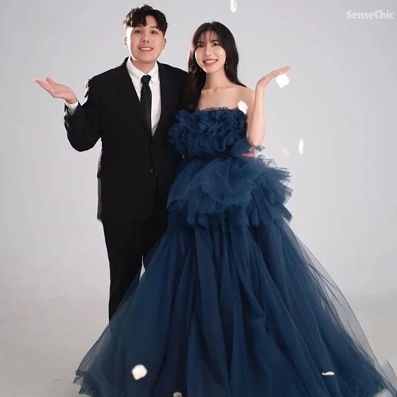 2025 블루 프린세스 프롬 드레스, 스트랩리스 티어드 튤 러플 생일 파티 스윕 트레인 볼 가운 드레스 (여성 맞춤 제작)