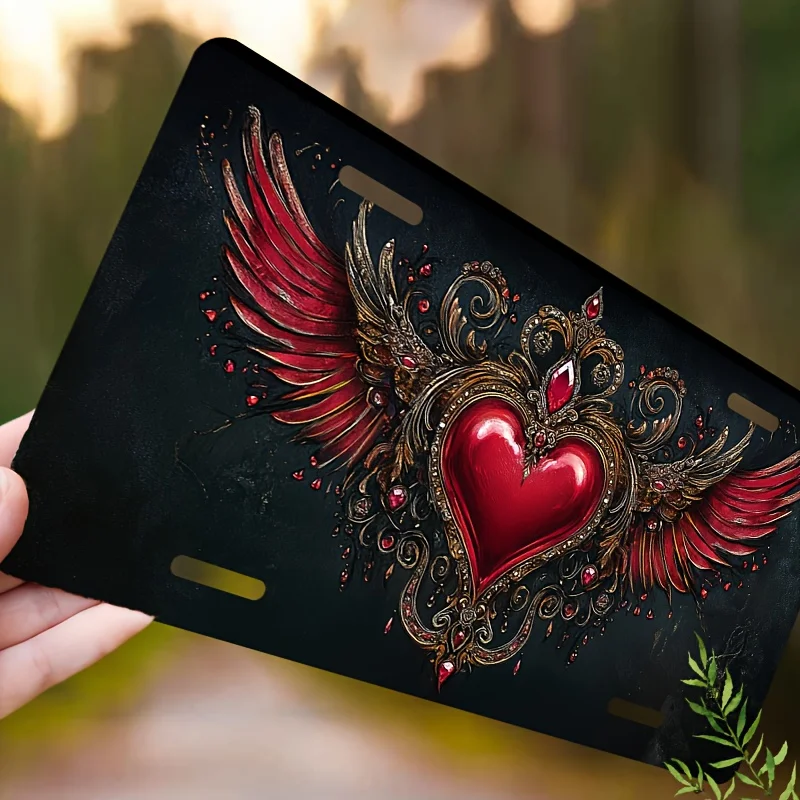 2D Flat, a Decorative Aluminum License Plate Frame with a Winged Heart Design, Waterproof, Unisex, 12 Inches X 6 Inches