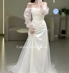 Colavis Asta Korean Off-Shoulder Wedding Dress Satin Long Sleeves Bride Dress 웨딩드레스 Photoshoot Wedding Gown Bridal Customized