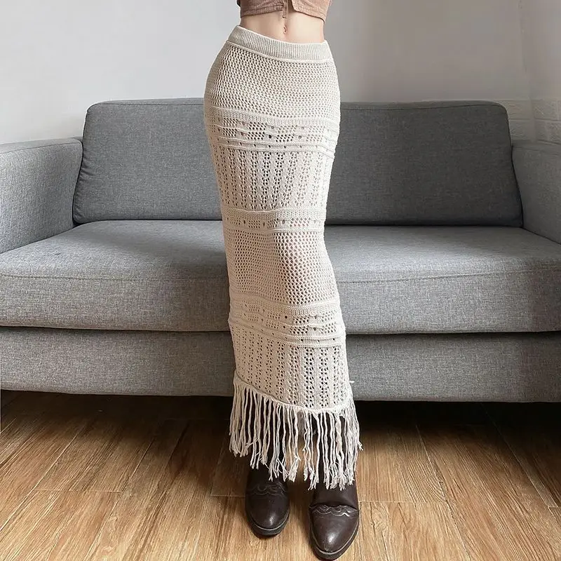 Package Hip Skirt Hollow Tassel Weave Fashion Design Elegant Temperament 2024 Korean Spring And Summer Women Long Skirt