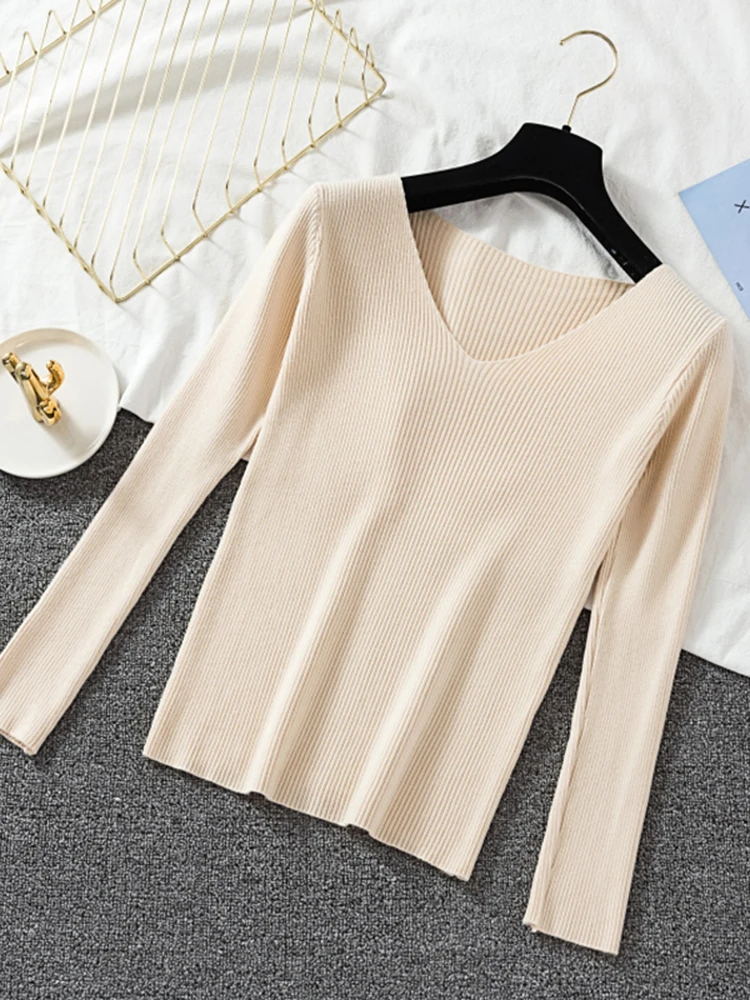 JMPRS Spring Sweater Women Pullover Elastic Knitted Jumper Long Sleeve V-neck Autumn Basic Female Top Knitwear Sueter Mujer