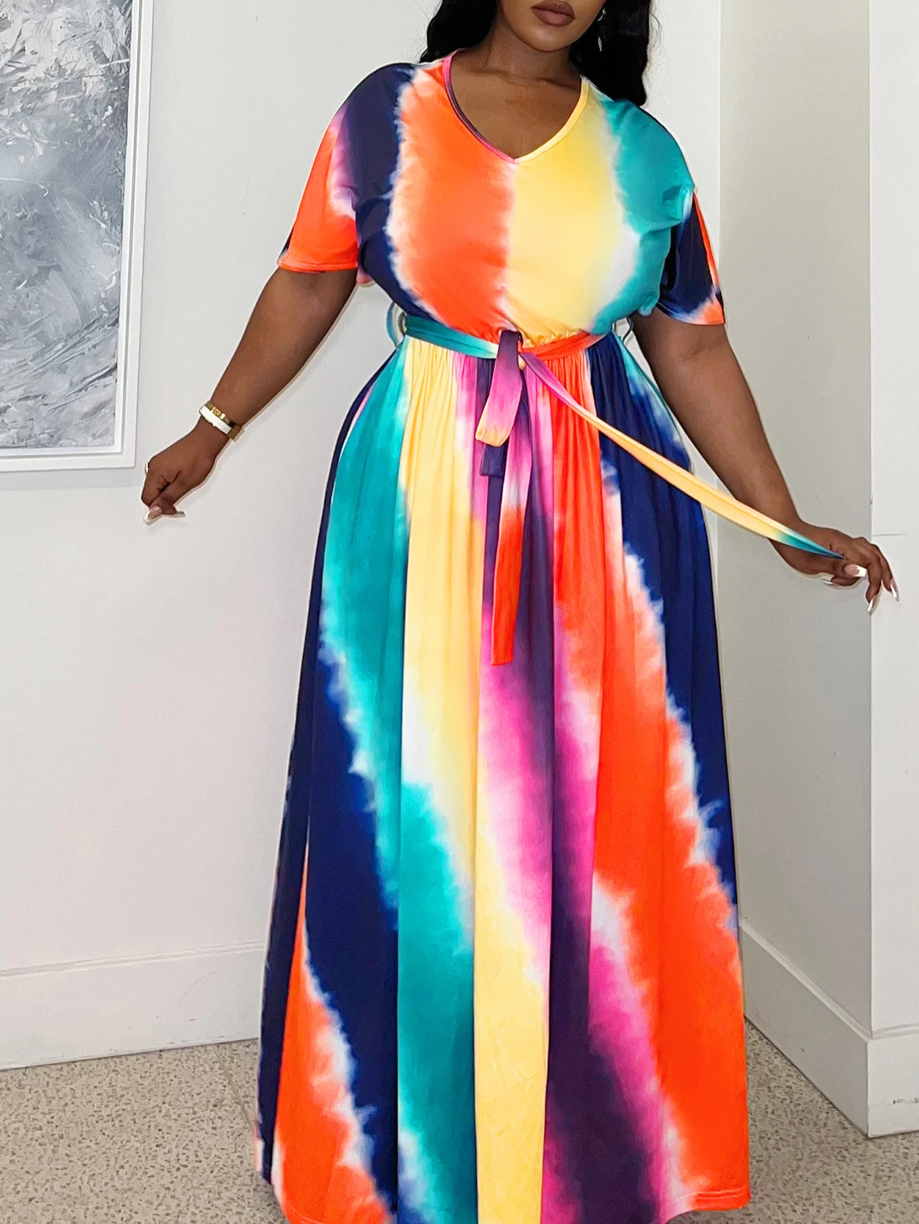 LW Plus Size Tie Dye Belt Design Dress Summer Vacation Style Color Contrast A-line Dress Short Sleeve V Neck Floor Length Dress