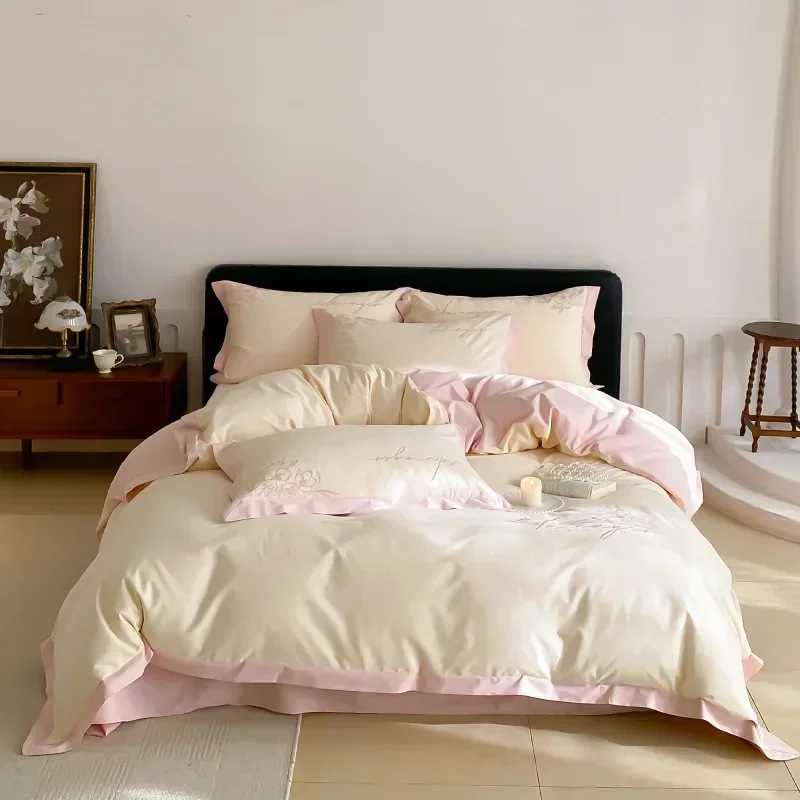 Pure Cotton 60S Satin Ceramic Matte Four Piece Set with Simple Embroidery, Quilt Cover, Autumn and Winter Bedding