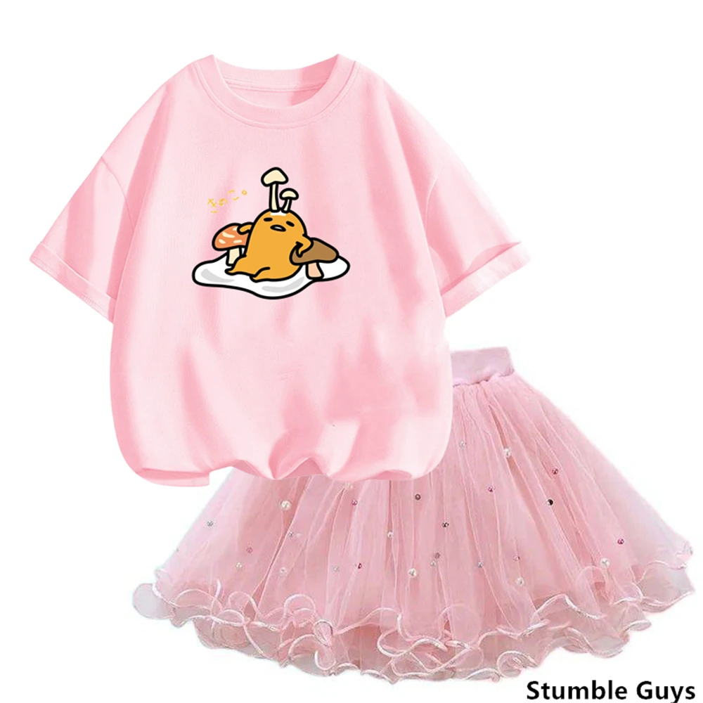 Summer Little Girls kawaii gudetama T Shirt& mesh Tutu Skirt Two Piece Set Fashion Korean Children Clothes Outfits 3-14years