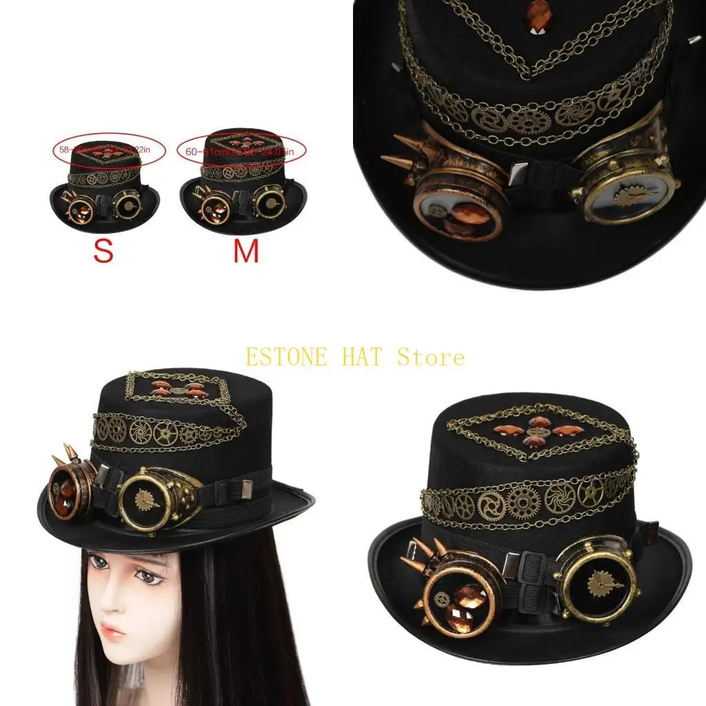 49MF Gothic Top Hat Elegant Flat Hat Billycock Cosplay Halloween for Unisex Vintage Bowlers Hat Victorian Industrial Age