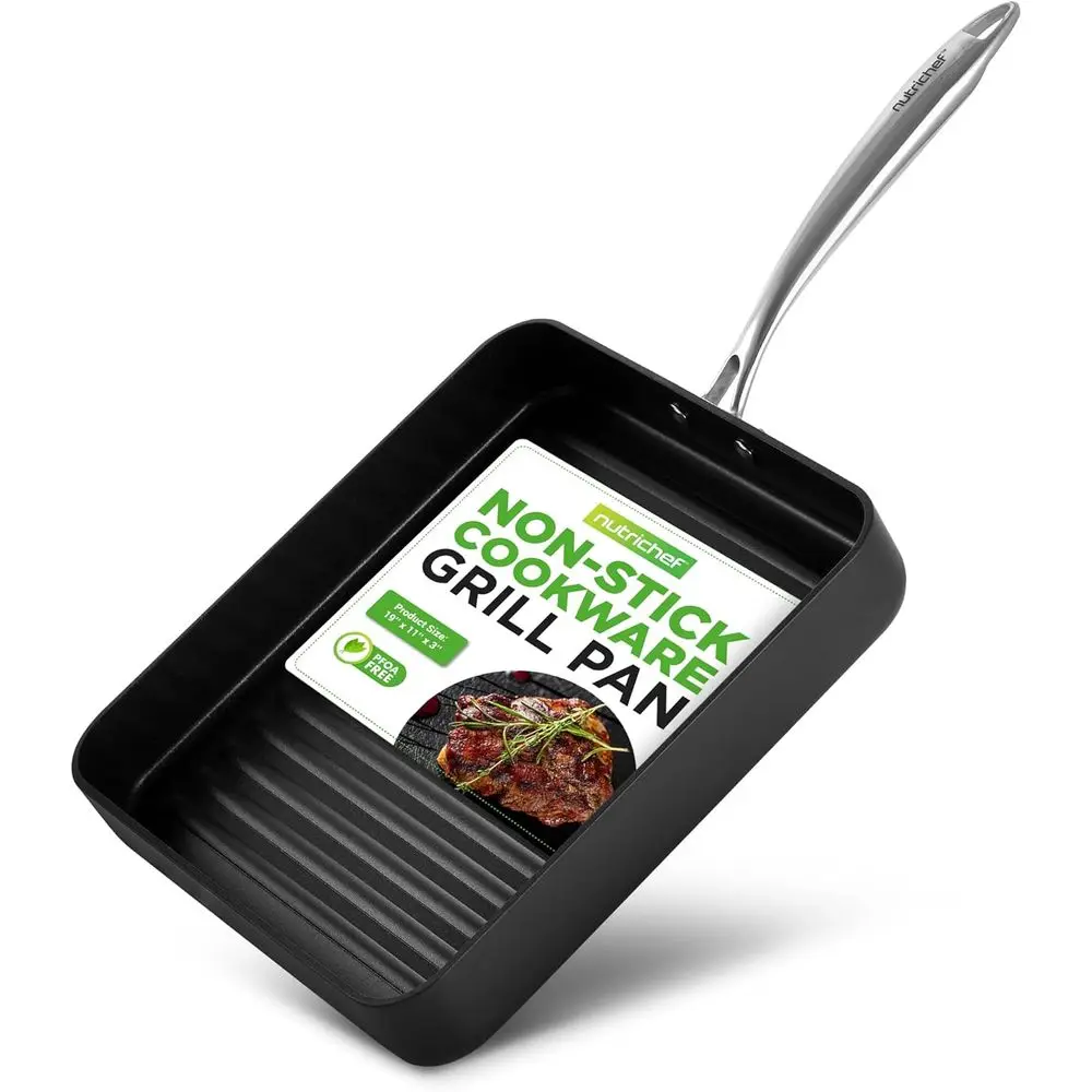 

11" Square Grill Pan Non Stick - High Ridges, Hard-Anodized, Stove Top Griddle, Strong Handles, Dishwasher Sae