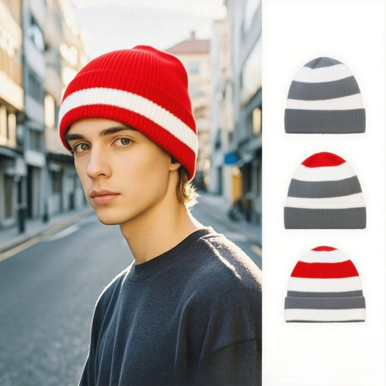 

Fanceey Knitted Beanie Hat for Men Winter Warm Striped Women Cap Wool Blend Color Block Unisex Pullover Skullie Christmas Gift