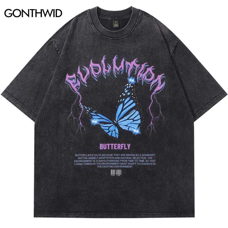 

Vintage T-Shirt Hip Hop Butterfly Lightning Graphic Print Oversize Washed Shirts 2024 Men Harajuku Punk Gothic Loose Tshirt Tops