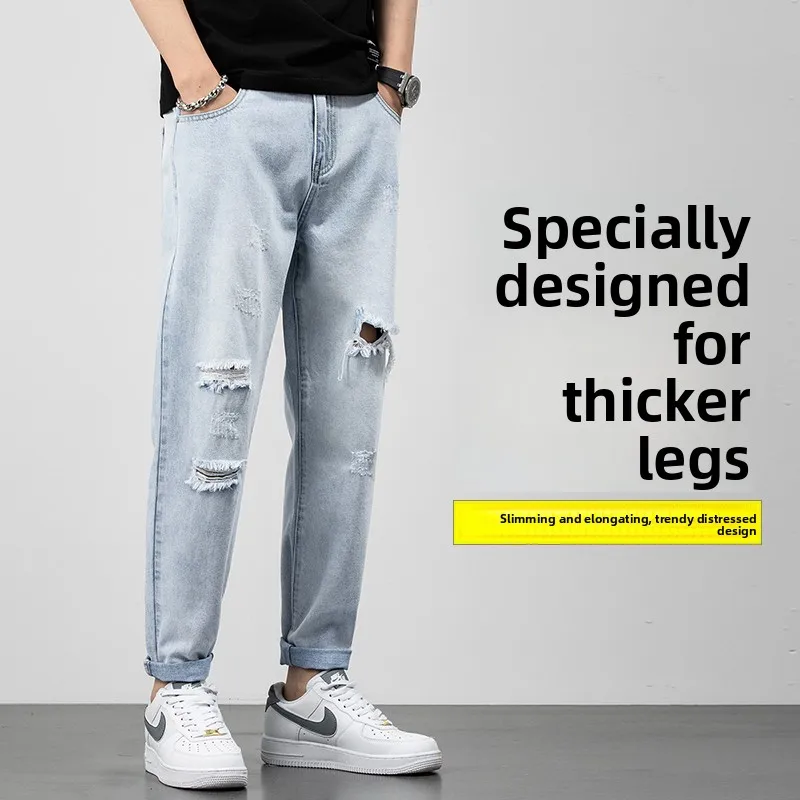 

Рваные джинсы с эффектом потертости для мужчин, летние, тонкие, прямые, свободные, модные, укороченные, из хлопка, эластичные, прямого кроя