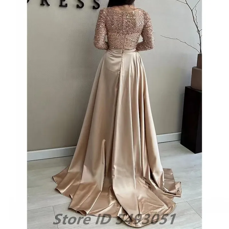 Sevintage 2025 Sparkly A Line Evening Dress Long Sleeves Champagne Custom Made Arabic Prom Gown Wedding Party Dress Vestidos