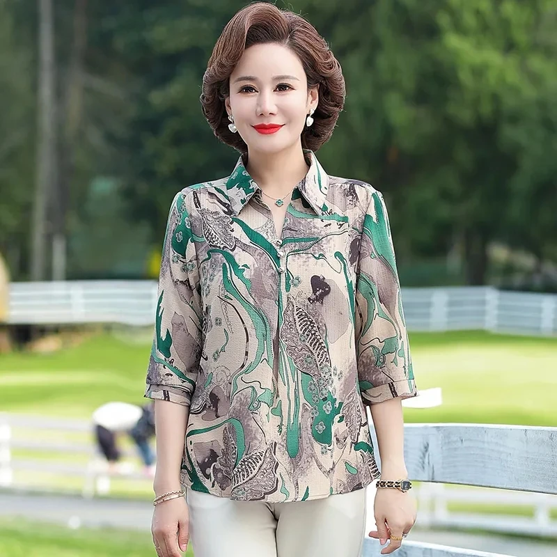 Middle Aged Mother Summer Shirts Korean Loose Half Sleeve Lapel Collar Women Blouse Large Size Print Female Outfit Pant Sets 5XL