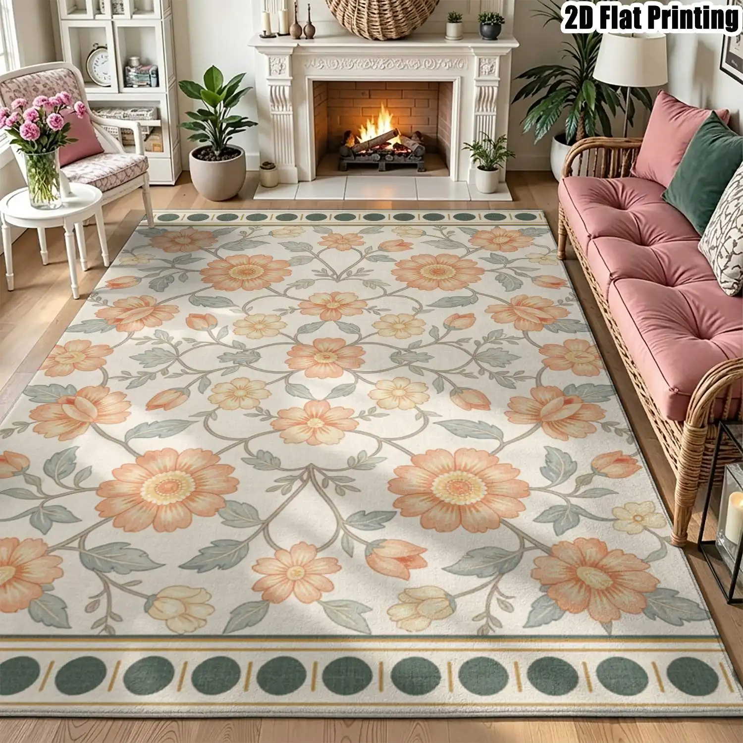 1Pc 2D Printed Carpet: Light Beige Base, Orange Flower Pattern Retro European, Bohemian, Floral, Geometric Styles. Home Decor, Multiple Sizes, Machine Washable. For Entrance, Dining Room, Foyer, Bedroom, Living Room.