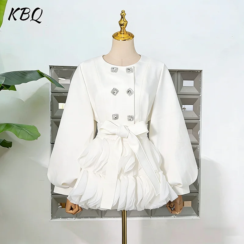 

KBQ Solid Spliced Diamonds Tunic A Line Dresses for Women Round Neck Long Sleeve Minimalist Chic Mini Dress Female Fashion New