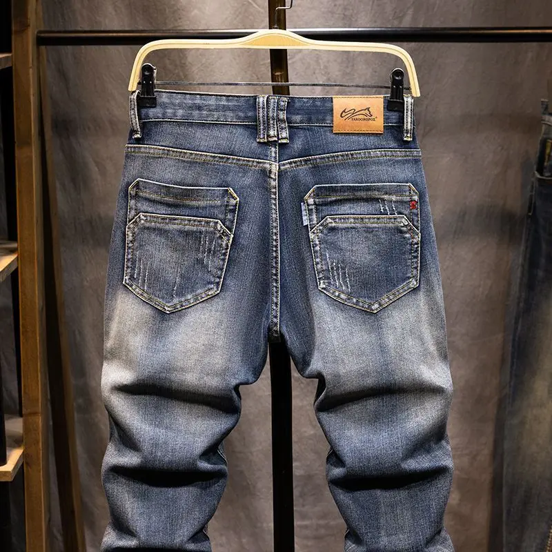 Roupas de marca retro 2025 outono novos jeans masculinos fino-ajuste em linha reta lavado versátil roupas masculinas calças elásticas de tamanho grande