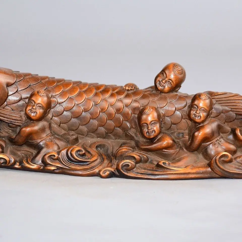 Hand Carved Wood Fortune baby koi fish Statue Figurine Desktop Ornaments Home Decoration Crafts Tea Pet Decor