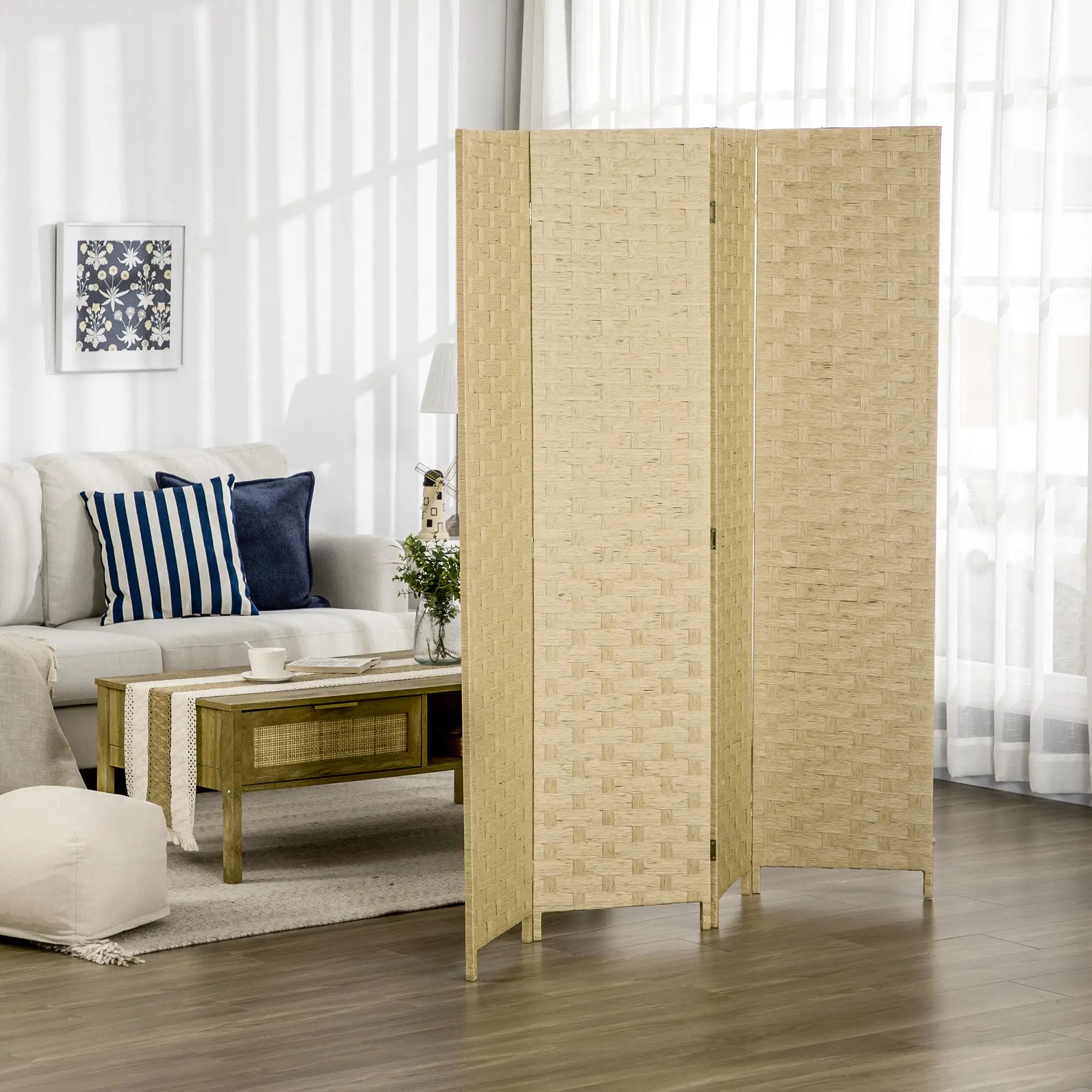 Paravent 4 pièces 159,5x169,5 cm, cadre en bois de pin brun, panneaux en fibres de papier, écran d'intimité pliable pour salon et chambre
