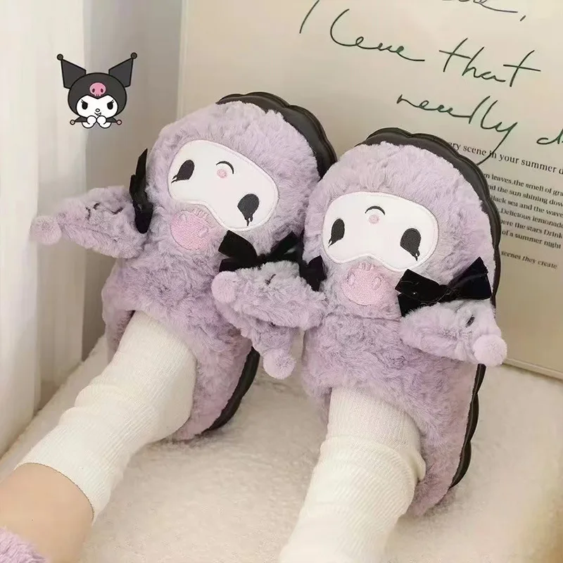 Sanurgente-Pantoufles en peluche rembourrées douces pour filles, Kuromi, Kawaii, mignonnes, chaussures décontractées pour chambre à coucher, étudiant, Noël, automne, hiver, nouveau