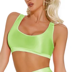 Sexy Women Glossy Oily Crop Tops Gym Sports Bra Vest Yoga T-Shirts U Neck Smooth Seamless Tank Tops Solid Color Lingerie