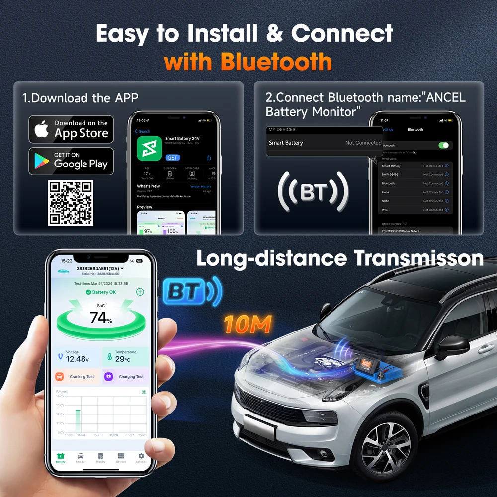 ANCEL BM300 PRO Bluetooth Battery Monitor Tester 6V/12V/24V Car Motorcycle Cranking/Charging Battery System Analyzer Test Tools