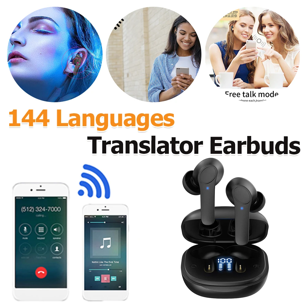 Real Time Translator Earbuds 99% Accuracy Headphone 144 Languages Bluetooth Earphones IPX6 Wireless Gaming Headset Office Travel