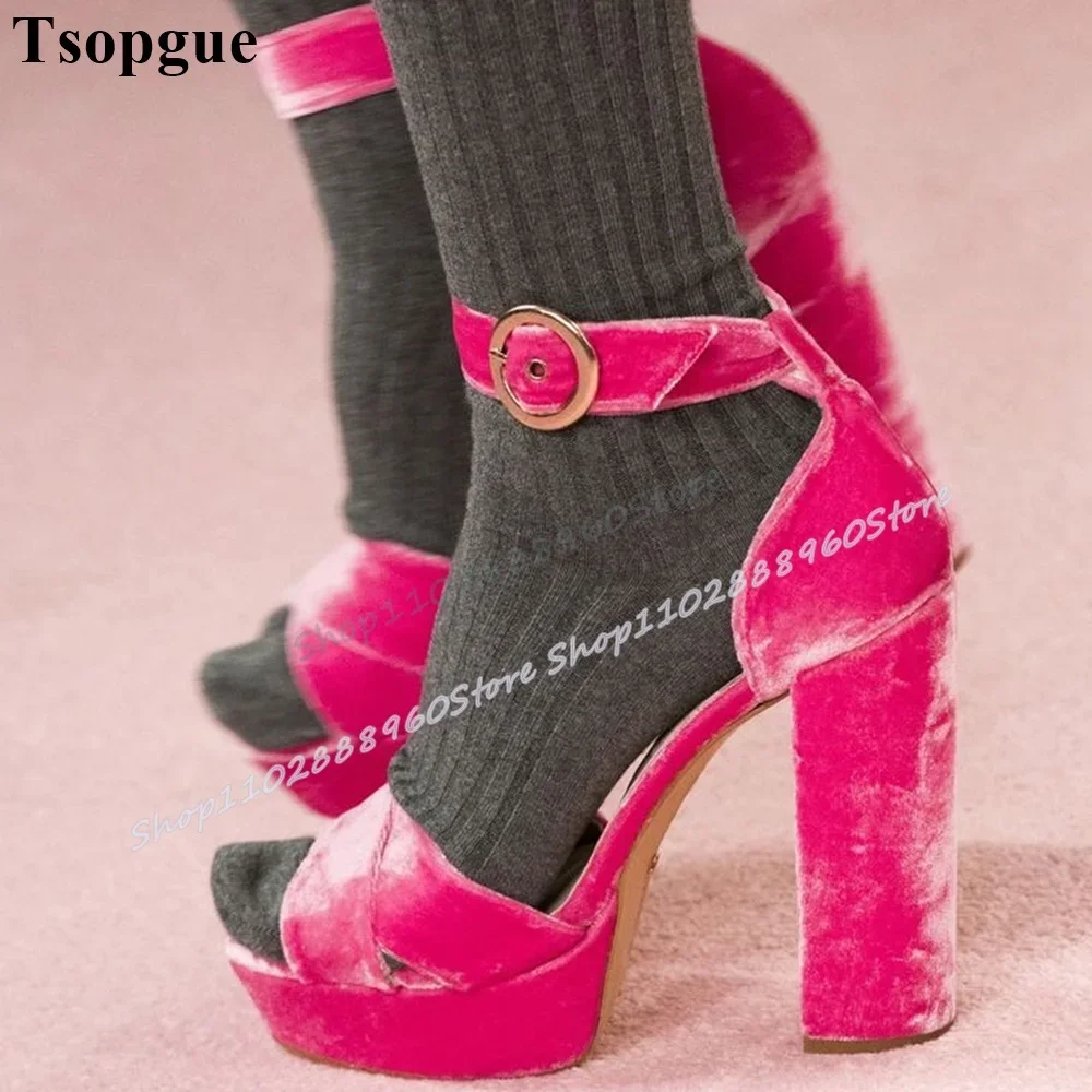 

Pink Suede Cross Strip Platform Sandals Chunky High Heel Women Shoes Ankle Buckle Strap Peep Toe Gorgeous Luxury Women Sandals