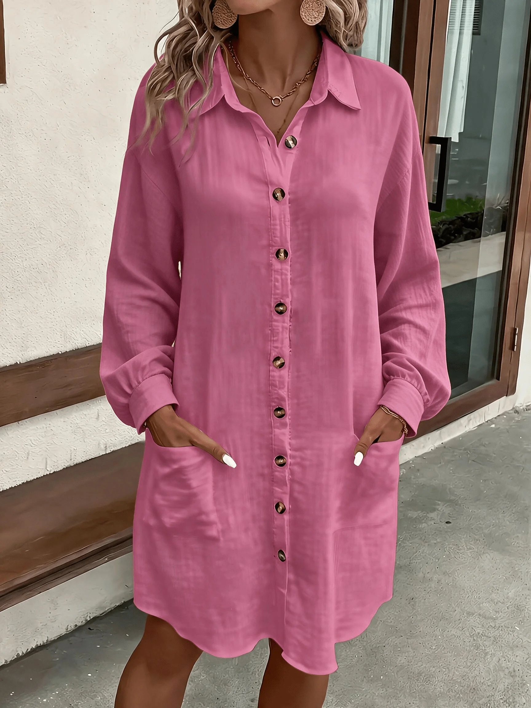 Frühling Sommer Damen Hemdkleid mit Umlegekragen, Locker Geschnittenes Übergroßes Midi-Kleid mit Knopfleiste und Seitentaschen, Lässiges Strandkleid – Detail 10