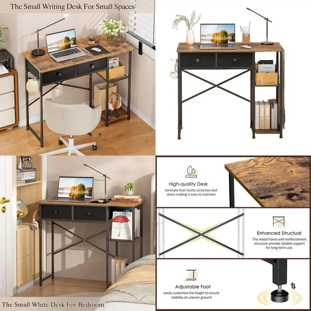 

Компактный письменный стол 36 с местом для хранения вещей, идеально подходит для домашнего офиса, спальни, общежития, коричневая отделка в деревенском стиле.
